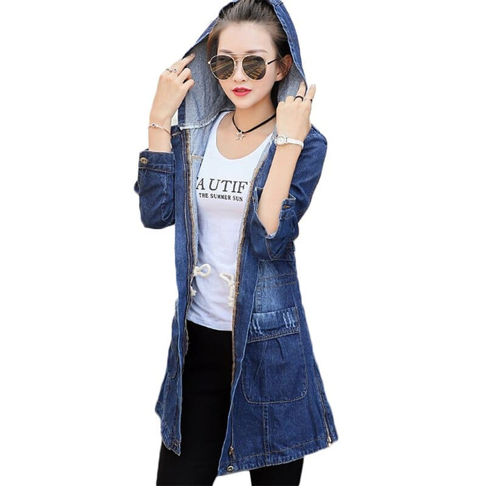 Spring Autumn New Denim Jacket Women Korean Loose Long Jeans Jackets Women's Zipper  Hooded Basic Coat Jackets 3XL