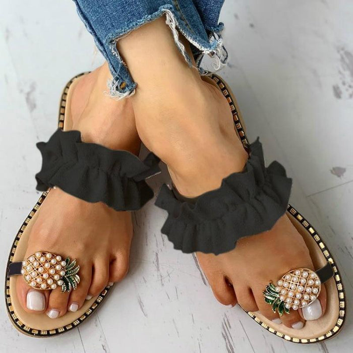 Women Slipper Pineapple Pearl Flat Toe Bohemian Casual Beach Sandals Ladies Shoes Platform 2020 Designer Black Slides Wholesale