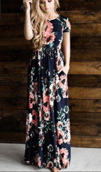 Womens Long Short Sleeve Bohemian Printed Maxi Long Dress