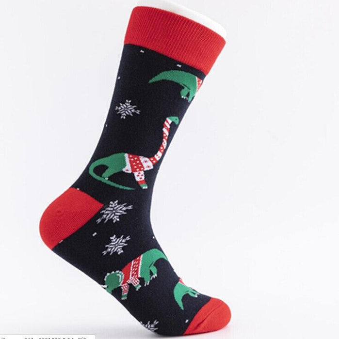 Men Christmas Socks Cartoon Print Dinosaur Deer Ribbed Closing Novelty Clothing Accessories