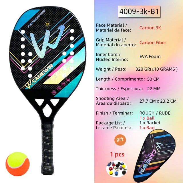 CAMEWIN High Quality 3K Carbon and Glass Fiber Beach Tennis Racket Soft Rough Surface Tennis Racquet with Bag and Ball