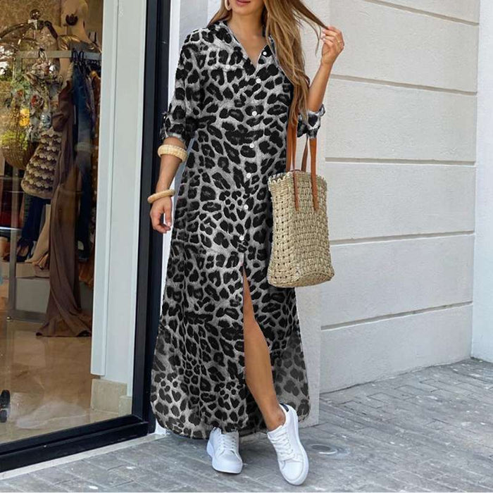 2023 Spring Party Vintage Leopard Robe Casual Long Sleeve Maxi Long Vestidos Dress Fashion Oversized Women Shirt