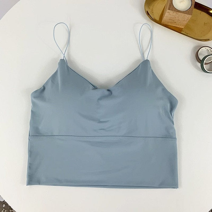 Summer Bra Ice Silk Crop Tops Sports Spaghetti Strap Vest Top Women Sexy Built In Bra Off Shoulder Sleeveless Camisole Underwear