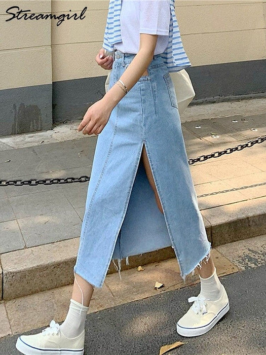 Streamgirl Maxi Jeans Skirt Women Denim Long Skirts Summer 2023 Vintage Maxi Skirt Side Split Denim Skirt Women Long Korean
