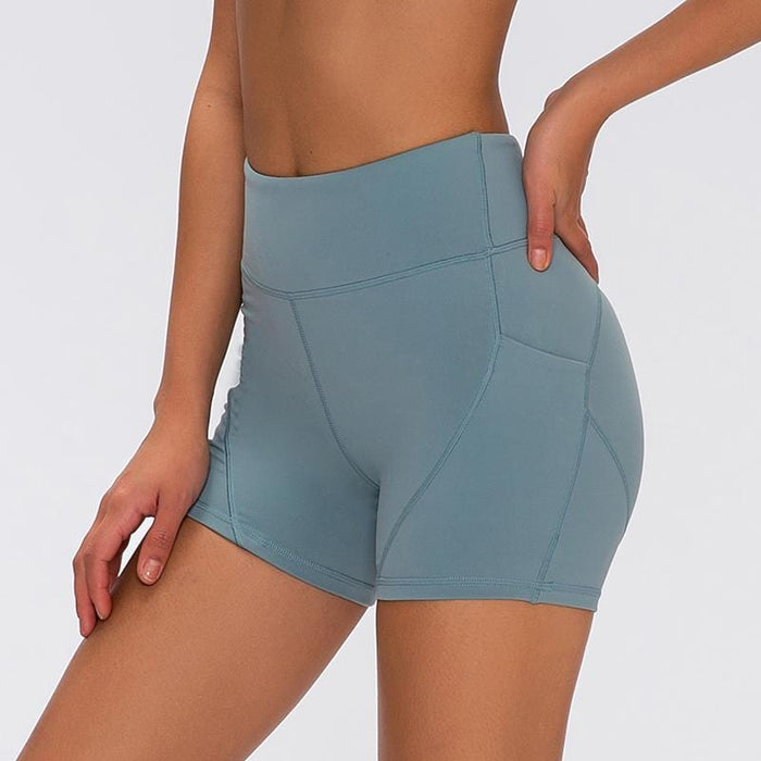 SHINBENE Anti-sweat Plain Sport Athletic Shorts Women High Waisted Soft Cotton Feel Fitness Yoga Shorts with Two Side Pocket