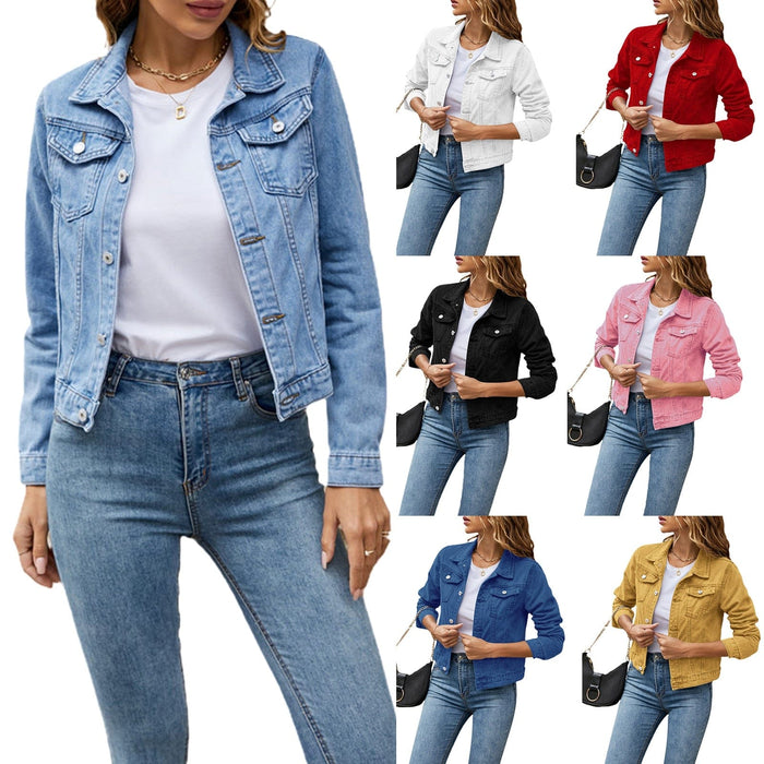 2023 Spring New Women Denim Jackets Female Casual Long Sleeve Lapel Button Down Chest Pocket Slim Jean Jacket Coat