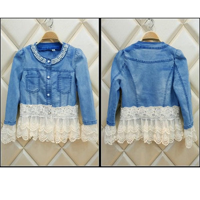 Slim Stitching Womens Denim Jacket Pearl Decoration Lace Cuffs Fashion Coat Thin Section White Mesh Hem Solid Wash Top 001