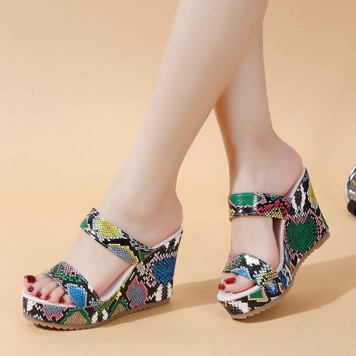 Aphixta 10cm Wedge Heels Snake Prints Platform Slippers Women Flax Non-slip Sandals Clog Shoes Slides Big Size 42