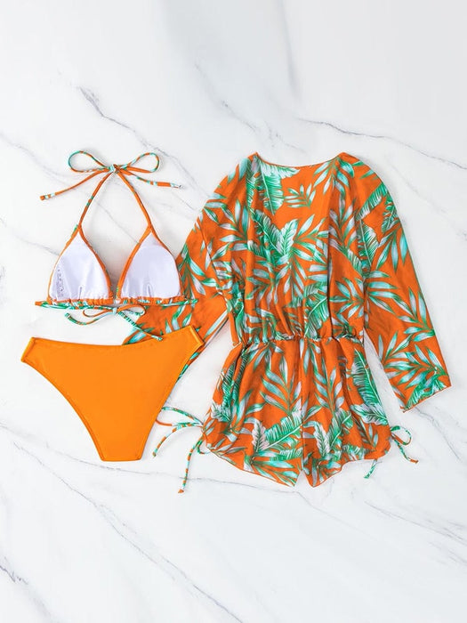 2023 New Sexy 3 Piece Bikini Set Swimsuit Women Long Sleeve Cover Up Tropical Print Halter Swimwear Beach Wear Bathing Suit