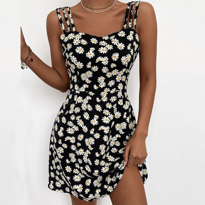 Women Summer Sleeveless Backless Little Daisy Printed Dress Beach Short Sundress Summer Mini Dress