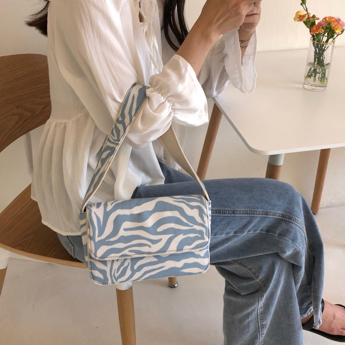 Vintage Design Women Canvas Baguette Handbags Blue Zebra Pattern Ladies Shoulder Bags Fashion Female Small Tote Clutch Purse