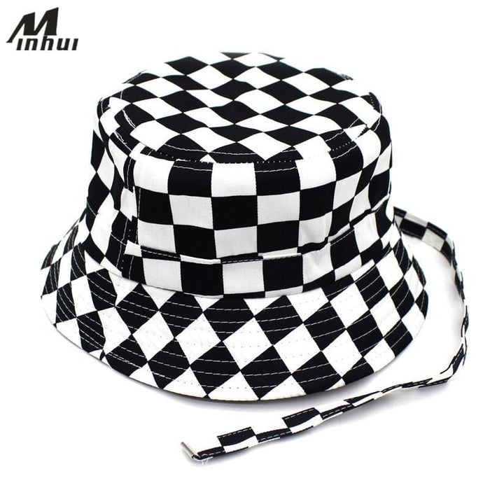 Minhui 2018 New Black White Plaid Bucket Hats for Men Flat Fishing Cap Women Hip Hop Caps Hat