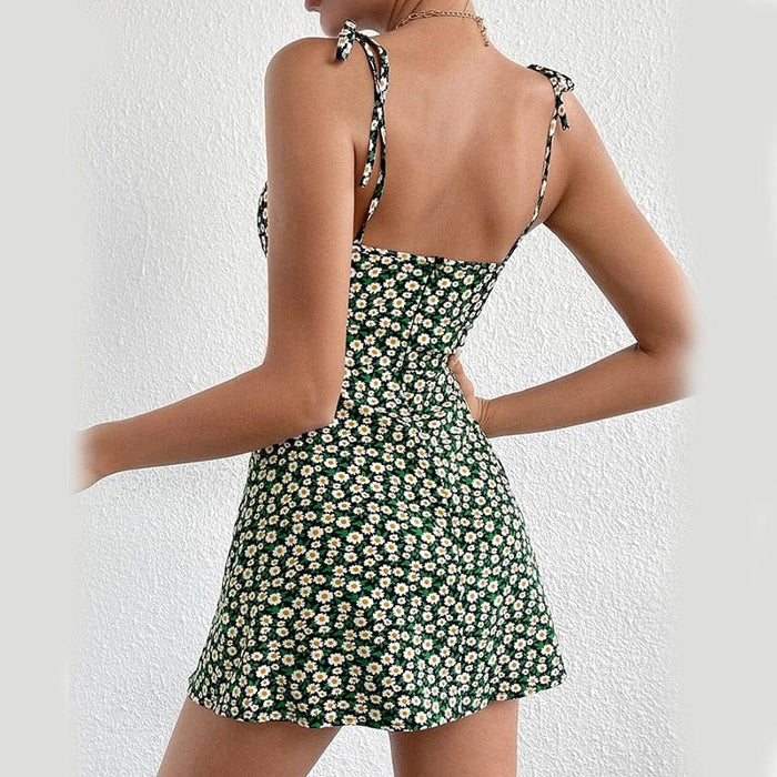 Floral Suspender Split Mini Dress 2023 Summer New Slim Sleeveless Patry Beach Style Spaghetti Strap Dress Women Clothes