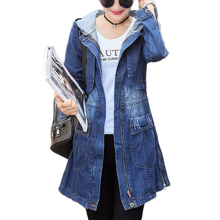 Spring Autumn New Denim Jacket Women Korean Loose Long Jeans Jackets Women's Zipper  Hooded Basic Coat Jackets 3XL
