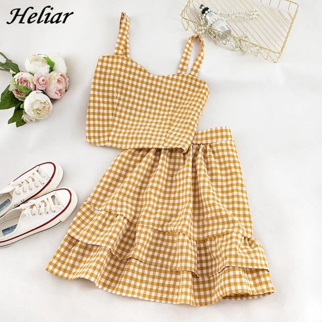 Women Summer Top And Skirts Sets Plaid Sweet High Waist Pleated Skirts Two-Piece Outfits Women Elastic Waist Sets 2023 Summer