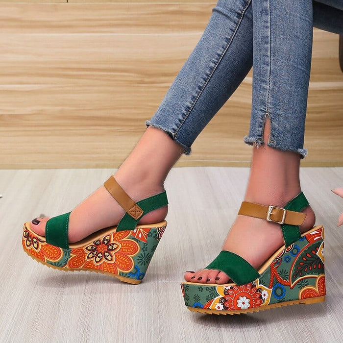 2023 Summer Wedge Sandals for Women Retro Ethnic Print Platform Shoes Ladies Casual Ankle Buckle Comfortable Sandalias De Mujer