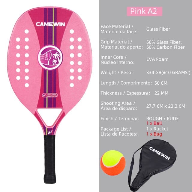 CAMEWIN High Quality 3K Carbon and Glass Fiber Beach Tennis Racket Soft Rough Surface Tennis Racquet with Bag and Ball